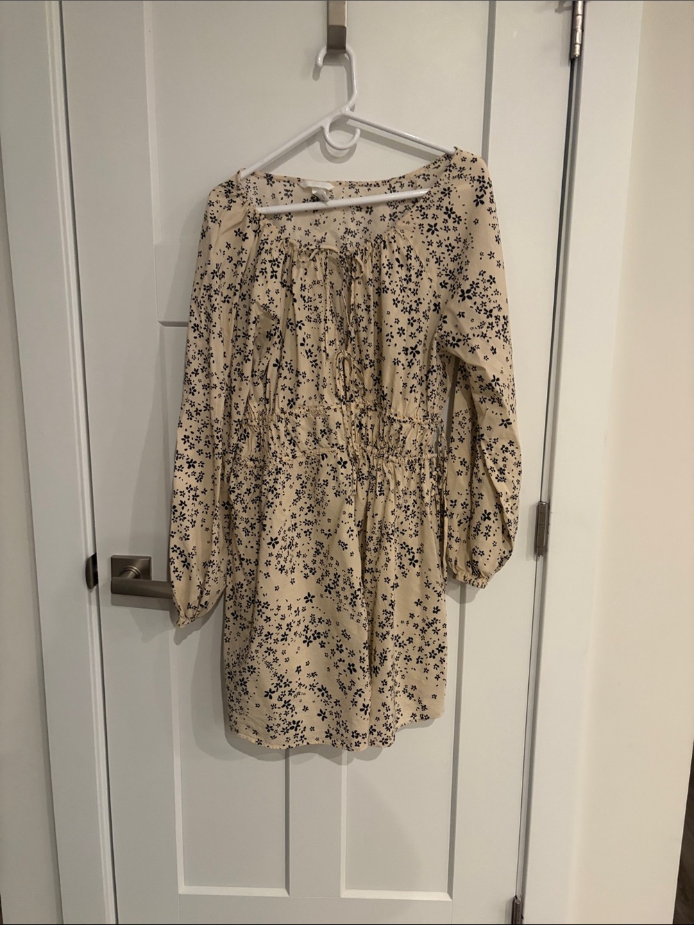 H&M Cream Long Sleeve Floral Smocked Dress